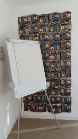 Wall art made from old server parts.